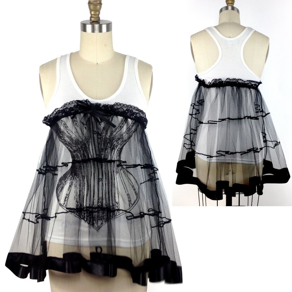 Corset Print Tank Top with Tulle Net Ruffle Lace
